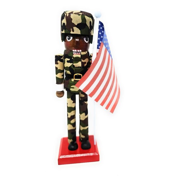 Ethnic Military Patriotic Veteran 10" Nutcracker with USA Flag - Picture 2 of 4